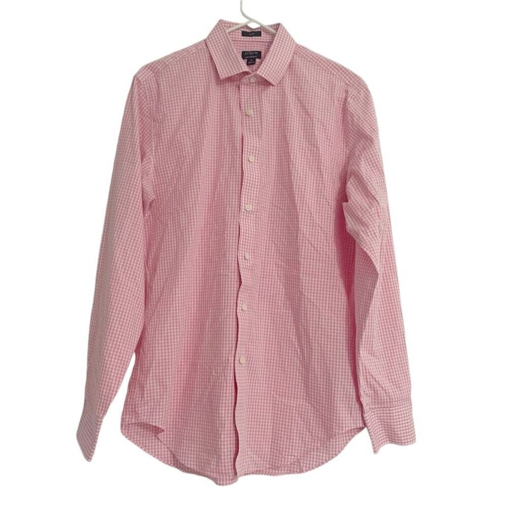 Men's J. Crew Size Medium Button Down Shirt Pink Checkered Plaid Collared